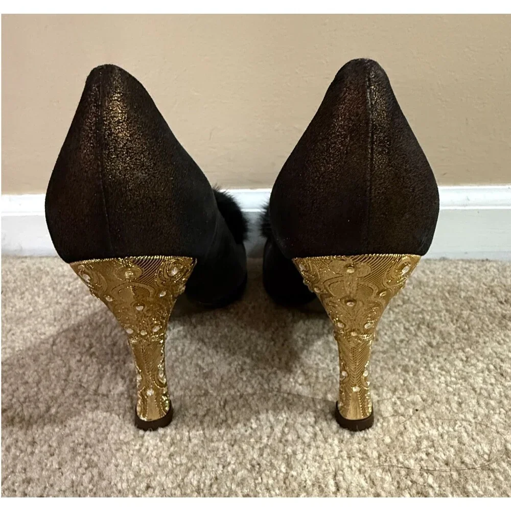 Mariani Studio Bronze Metallic Pumps Womens 7.5 Mink Fur Pom Accent Heels Shoes